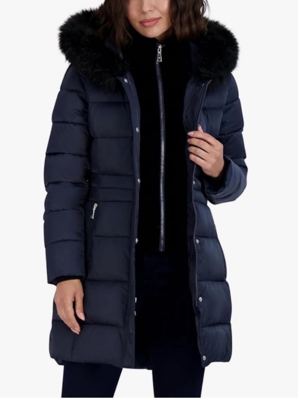 TAHARI Women's Navy Quilted Long Puffer Coat with Faux Fur Hood Size S